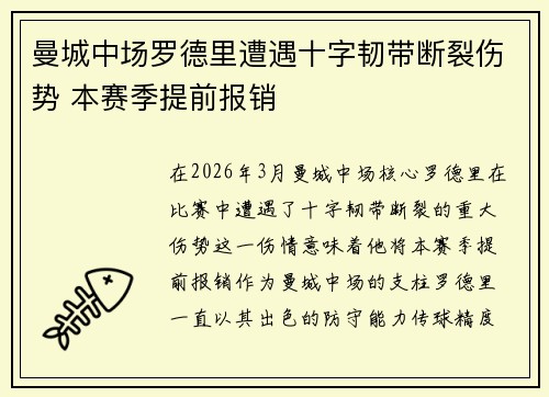 曼城中场罗德里遭遇十字韧带断裂伤势 本赛季提前报销